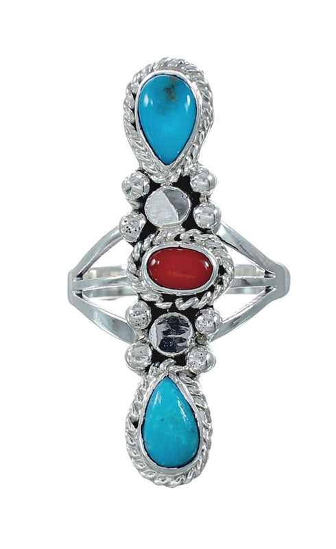 Native American Turquoise Coral Sterling Silver Ring Size 9-1/2 JX130816